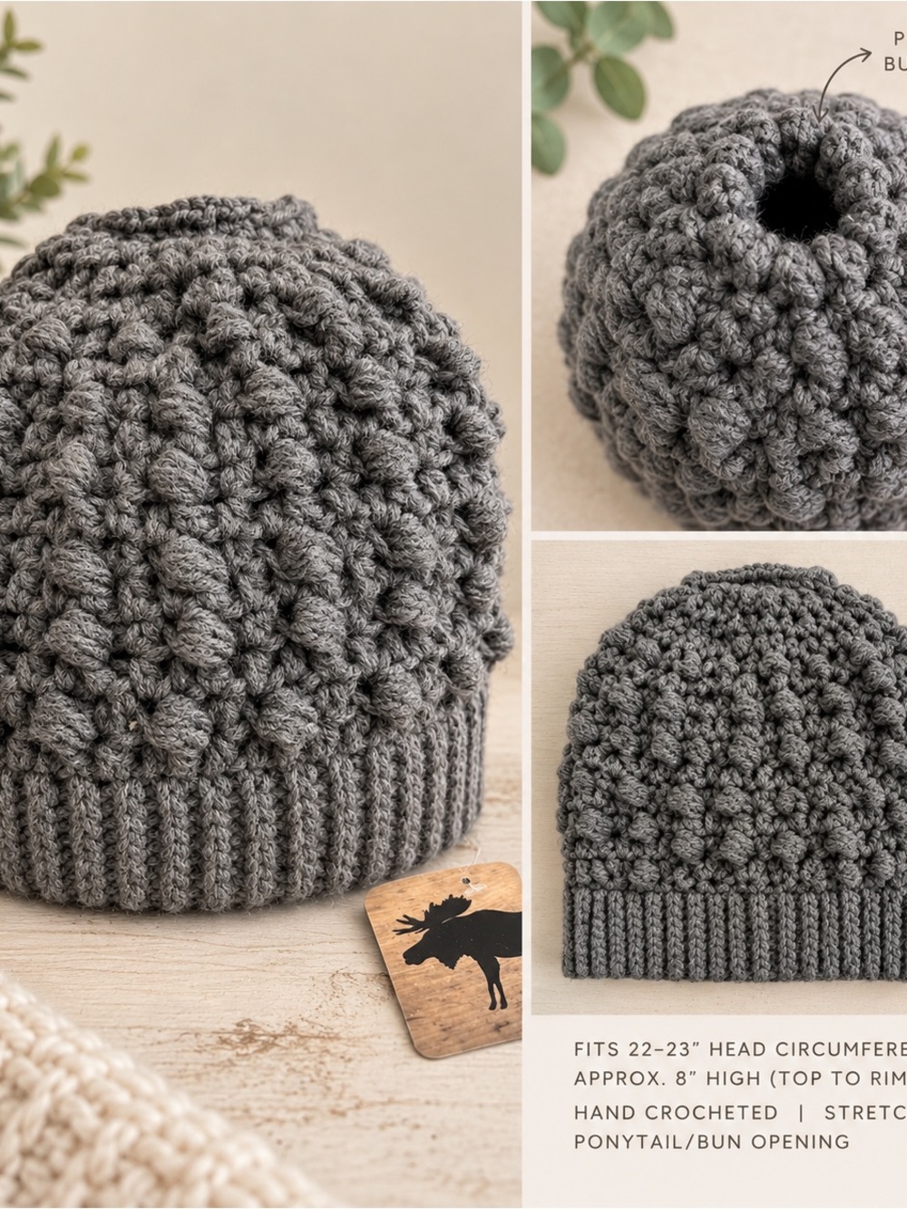 Women’s Grey Messy Bun Ponytail Beanie Hand Crochet Winter Hat